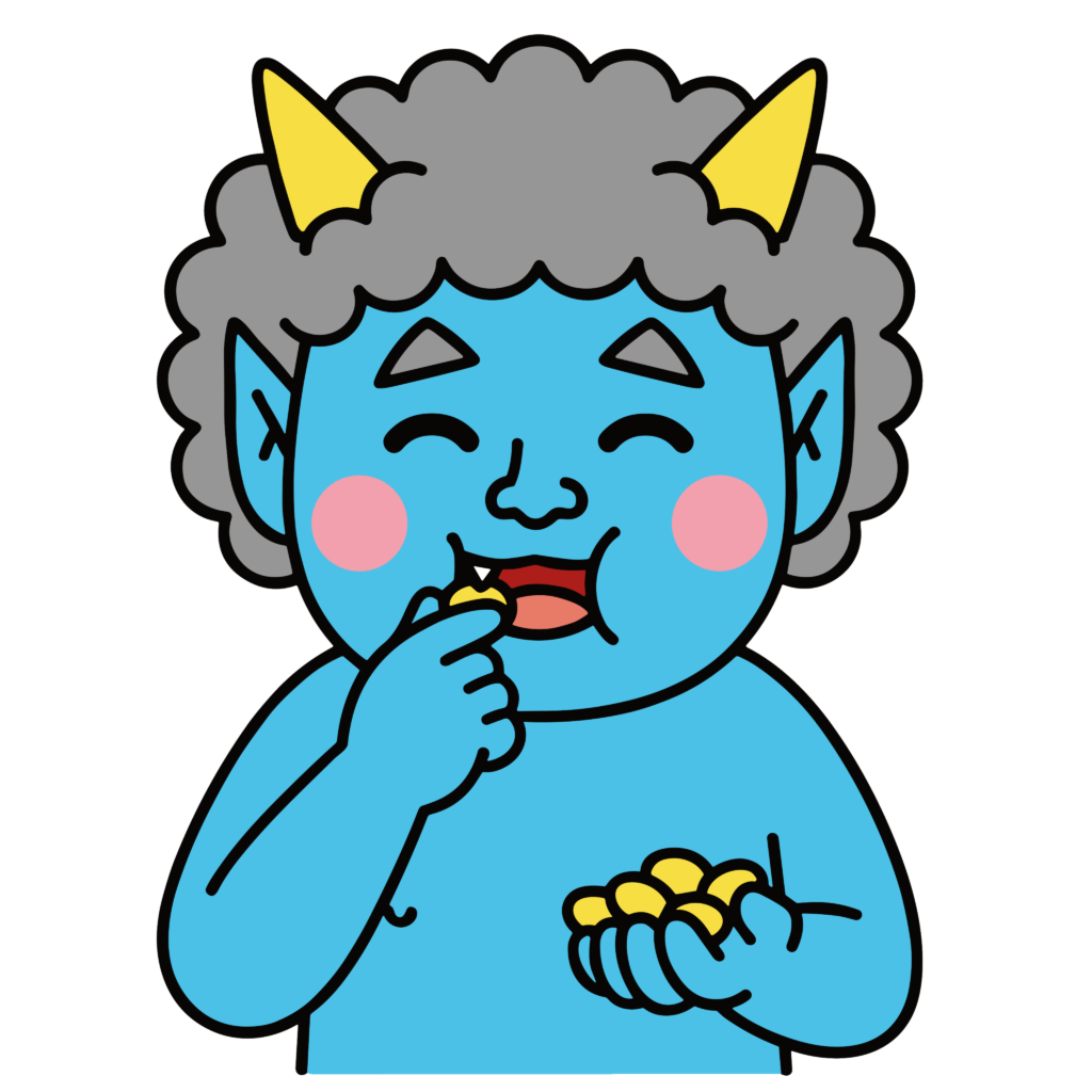 豆を食べているかわいい青鬼のイラスト。節分に使いやすい背景透過PNGの無料素材
