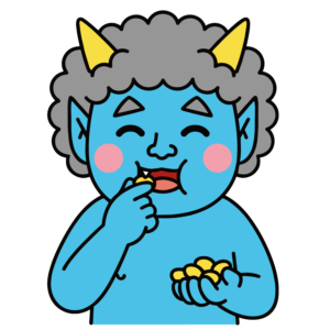 豆を食べているかわいい青鬼のイラスト。節分に使いやすい背景透過PNGの無料素材