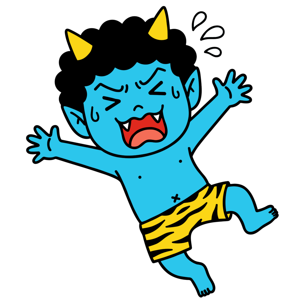 すべって転ぶ青鬼のイラスト。かわいい表情で驚いている節分向けの鬼素材