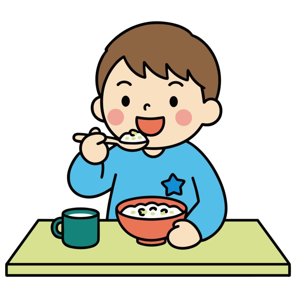 かわいい七草粥を食べる男の子のイラスト素材。簡単・無料でダウンロードできるアイコンタイプのフリー素材です。