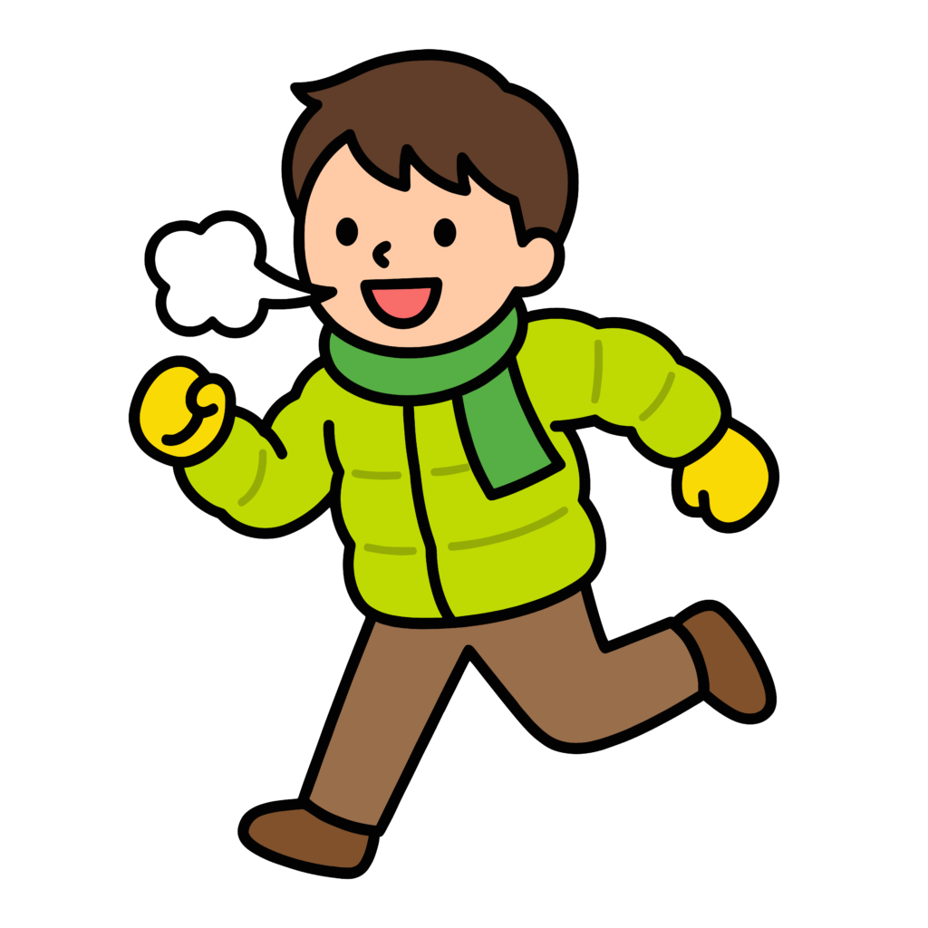 冬服を着て元気に走る男の子のかわいいイラスト。息が白いシンプルなフリー素材