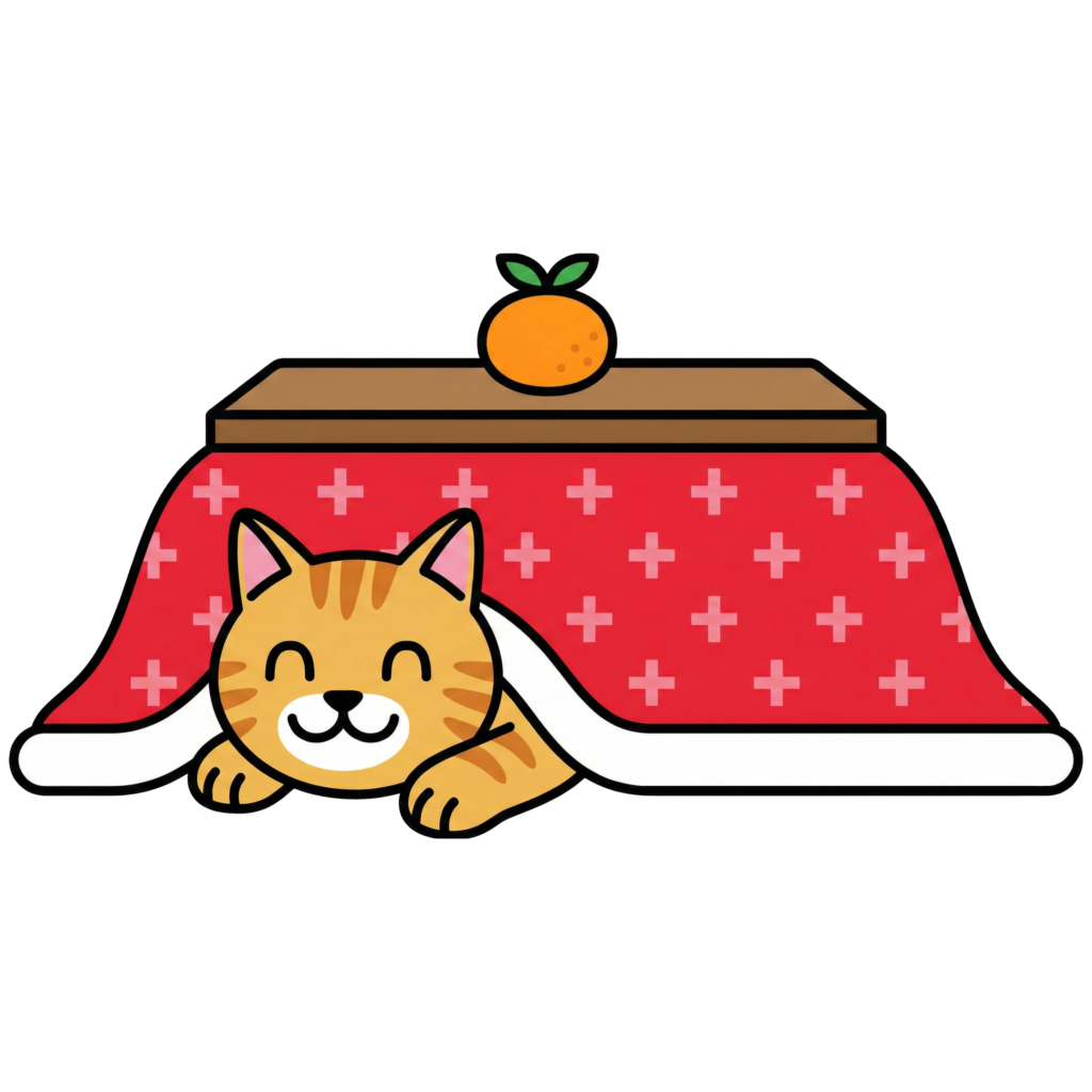 こたつでくつろぐ猫のかわいいイラスト。冬らしいみかん付きのシンプルなフリー素材