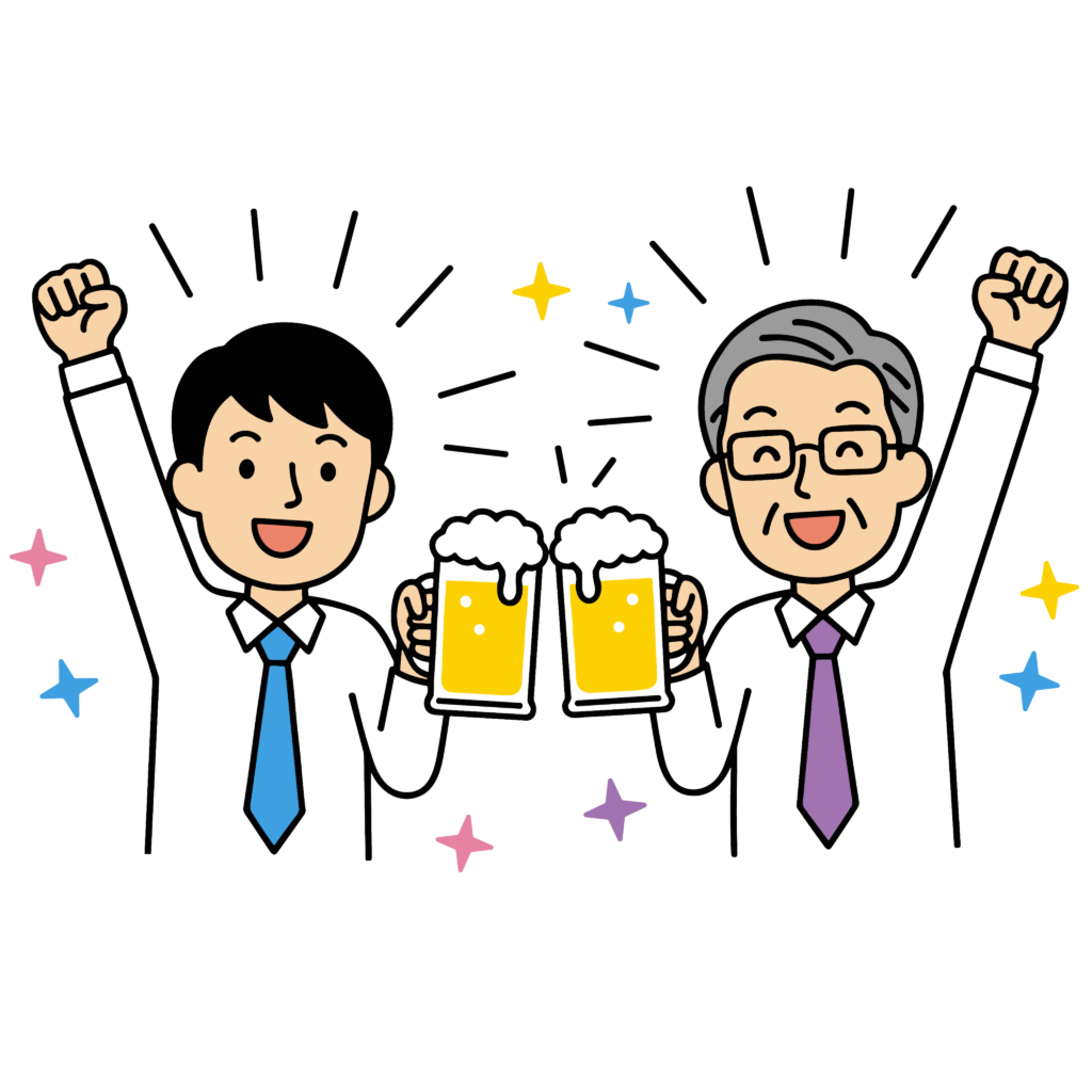 かわいい乾杯するビジネスマンのイラスト素材。簡単・無料でダウンロードできるアイコンタイプのフリー素材です。