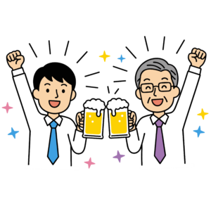 かわいい乾杯するビジネスマンのイラスト素材。簡単・無料でダウンロードできるアイコンタイプのフリー素材です。