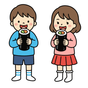 恵方巻きを食べているかわいい子どもたちのイラスト。節分に使いやすい背景透過PNGの無料素材
