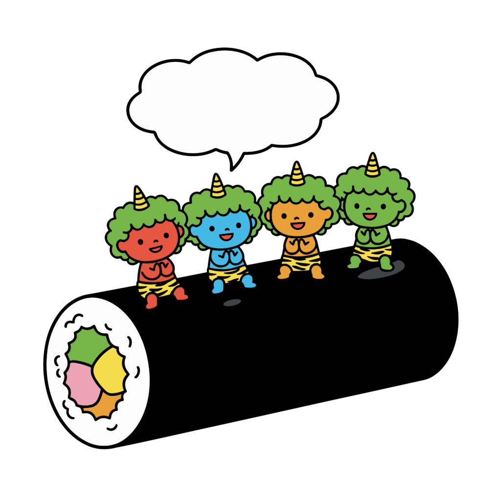 恵方巻の上に座るかわいい鬼たちのイラスト。節分に使いやすい子ども向け素材