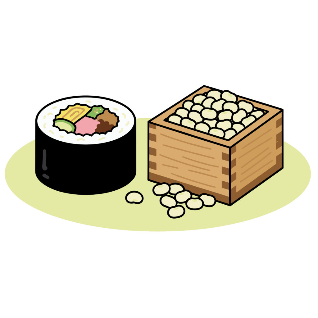 恵方巻きと升に入った大豆のイラスト。節分行事に使いやすいかわいいフリー素材です。
