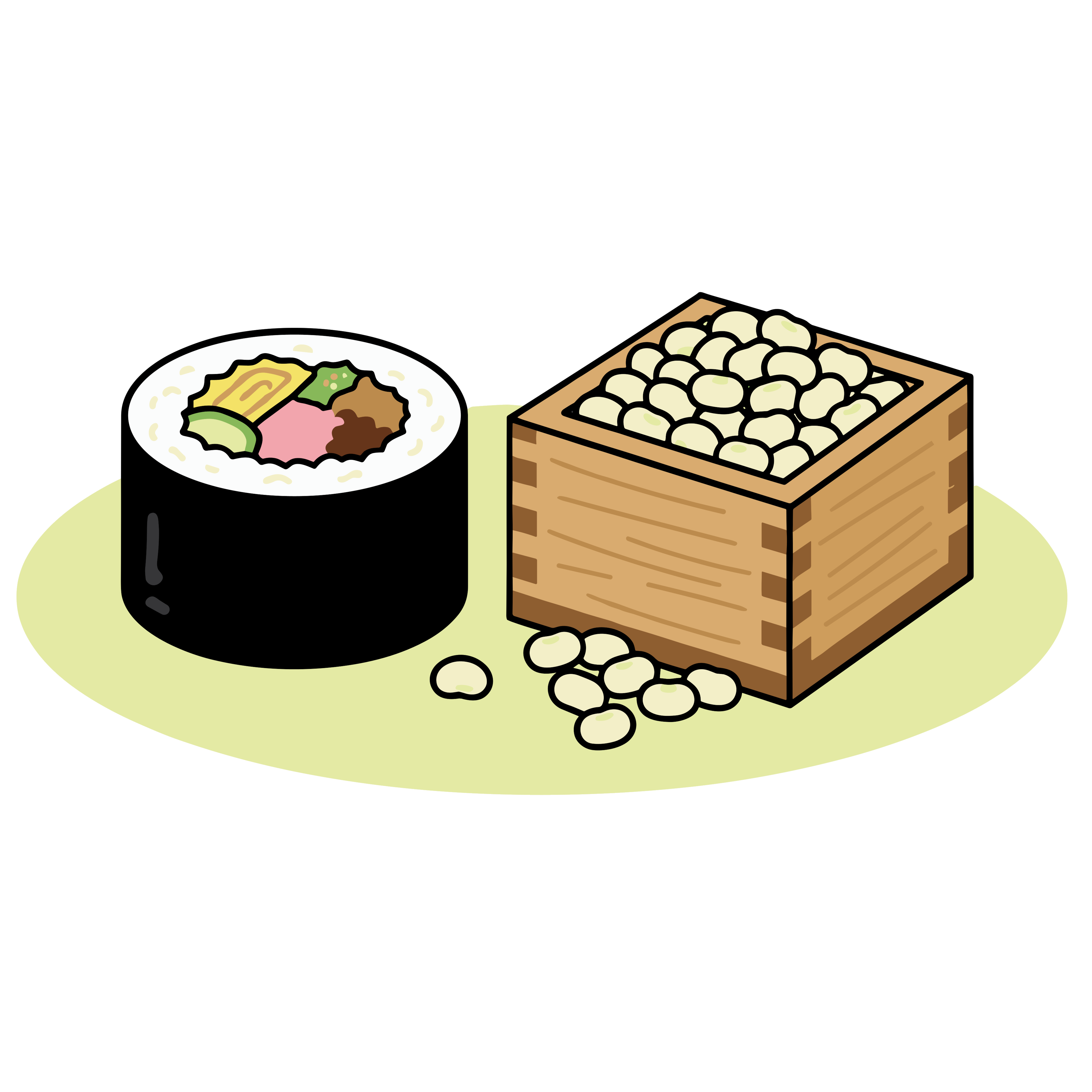 恵方巻きと升に入った豆まき用の大豆を並べたかわいい節分イラスト。背景透過のフリー素材です。