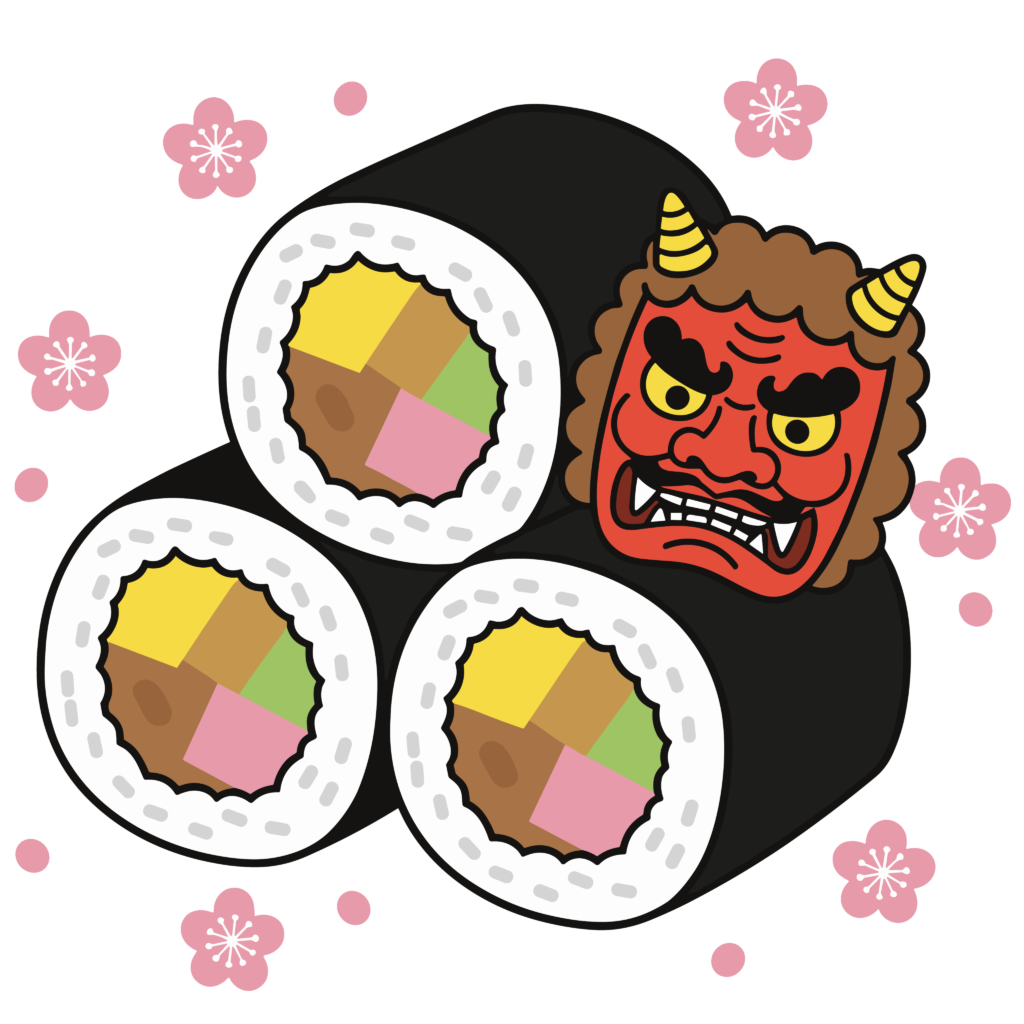 恵方巻と鬼のお面を組み合わせた節分イラスト。行事説明に使いやすい素材