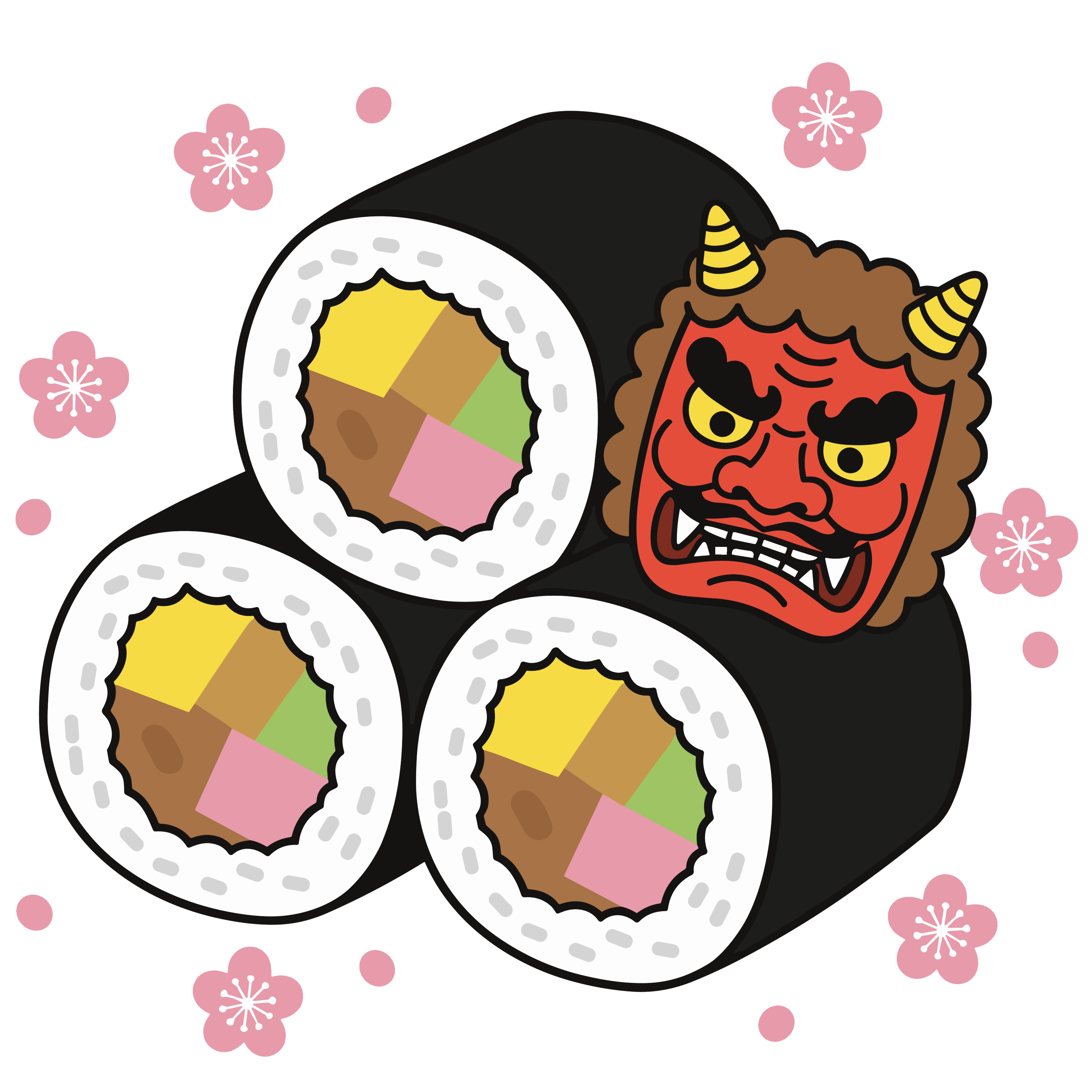 恵方巻と鬼のお面を組み合わせた節分イラスト。行事説明に使いやすい背景透過の無料フリー素材です。
