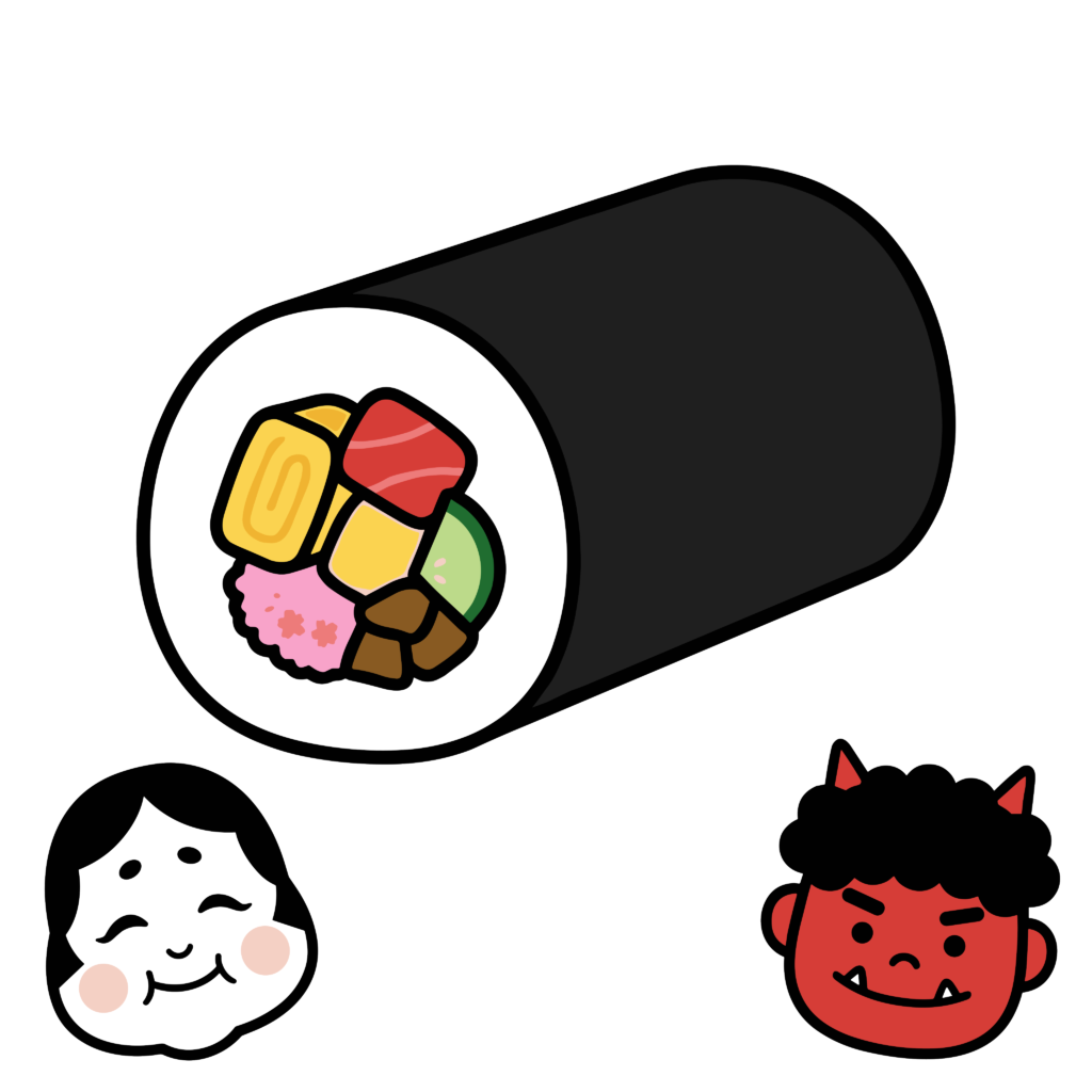 節分の恵方巻と鬼、お多福のイラスト。豆まきや節分行事に使えるかわいいフリー素材