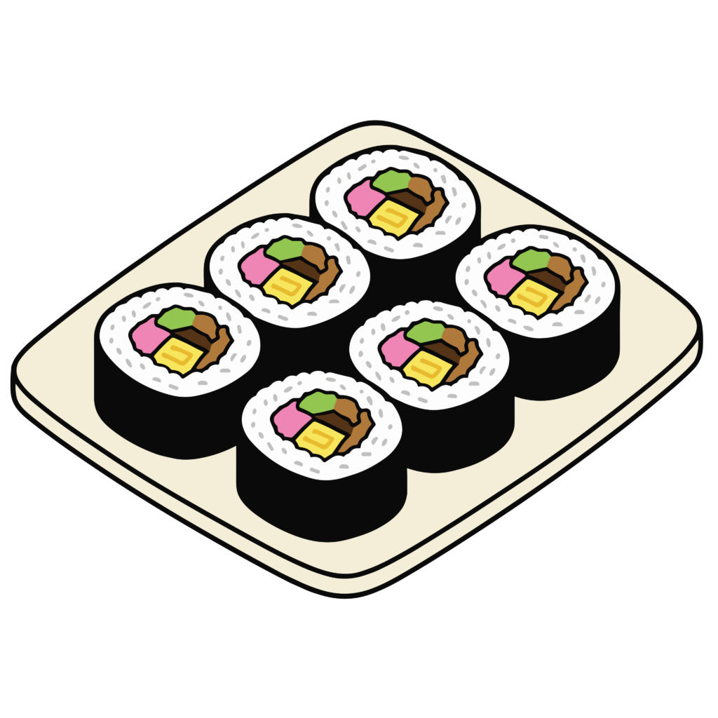 お皿に並んだカット恵方巻きのかわいいイラスト。節分に使いやすい背景透過のフリー素材