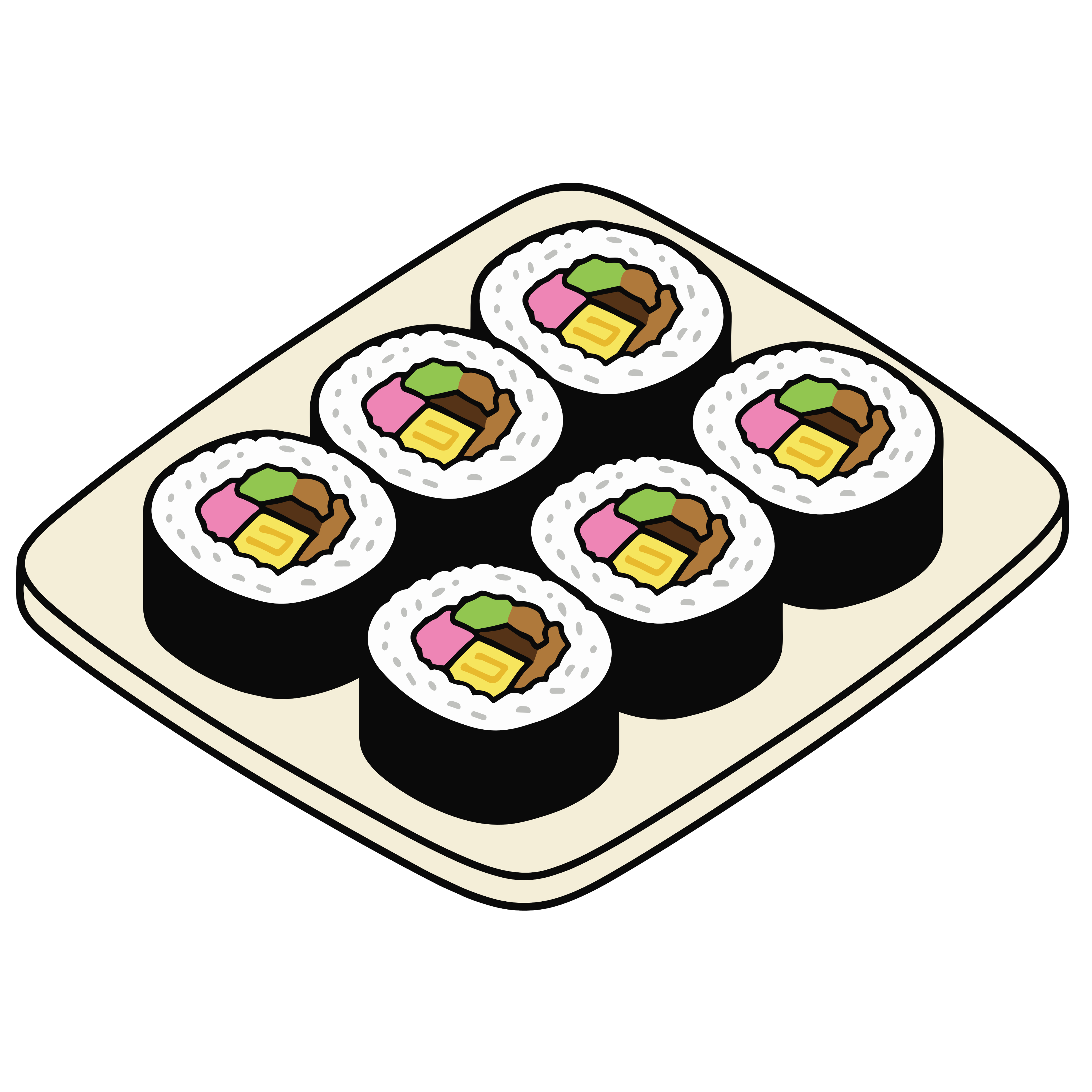 お皿に並んだカット恵方巻きのかわいいイラスト。節分に使いやすい背景透過のフリー素材