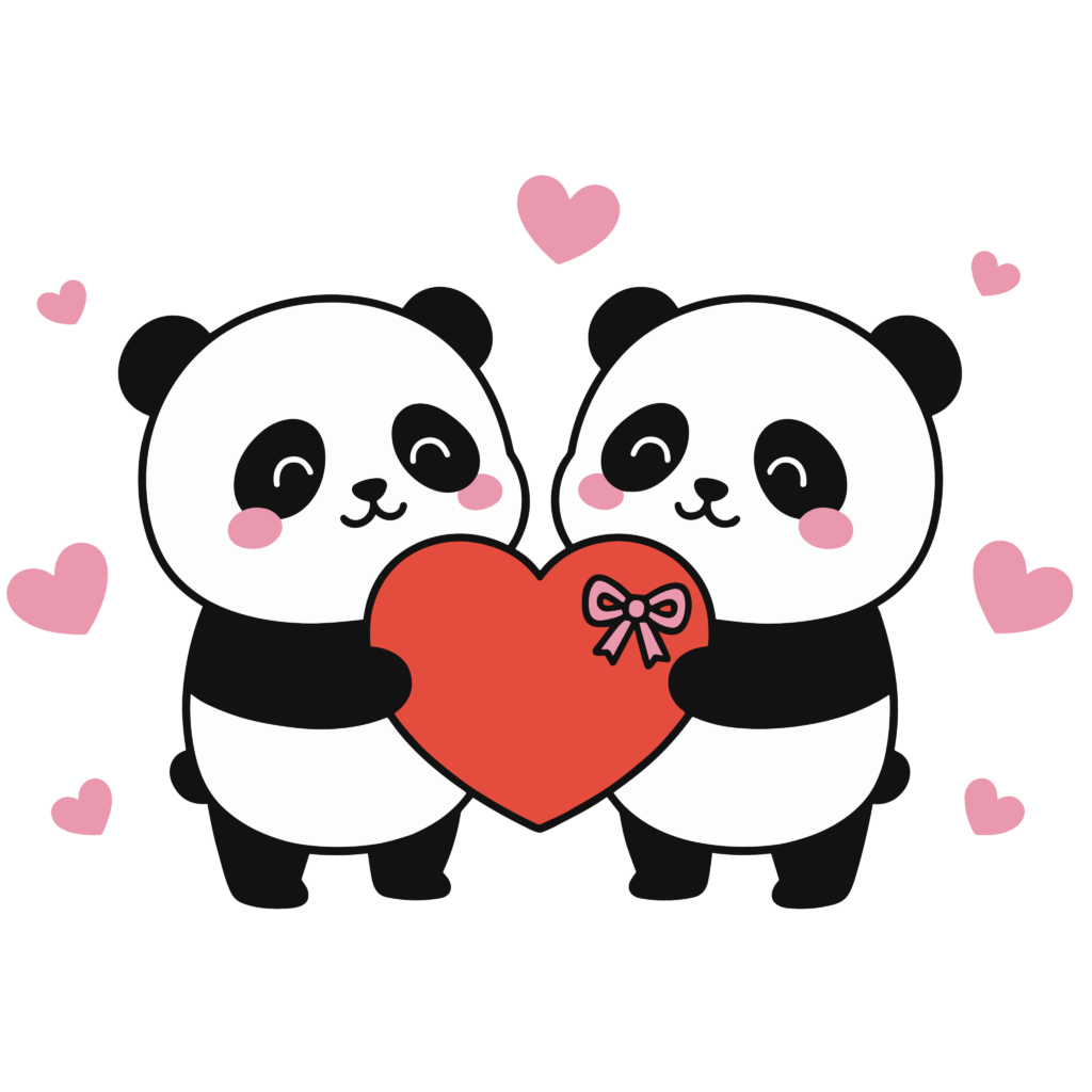 ハートを一緒に持つかわいいパンダのイラスト。バレンタインをイメージした背景透過PNG素材