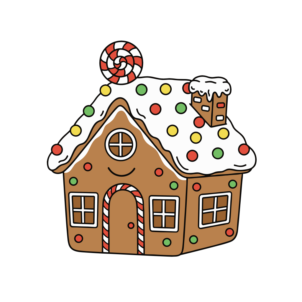 簡単・無料でダウンロードできる、かわいいお菓子の家のイラスト素材です。クリスマスや冬のイベントに使いやすく、背景透過PNGでアイコンにも使えます。