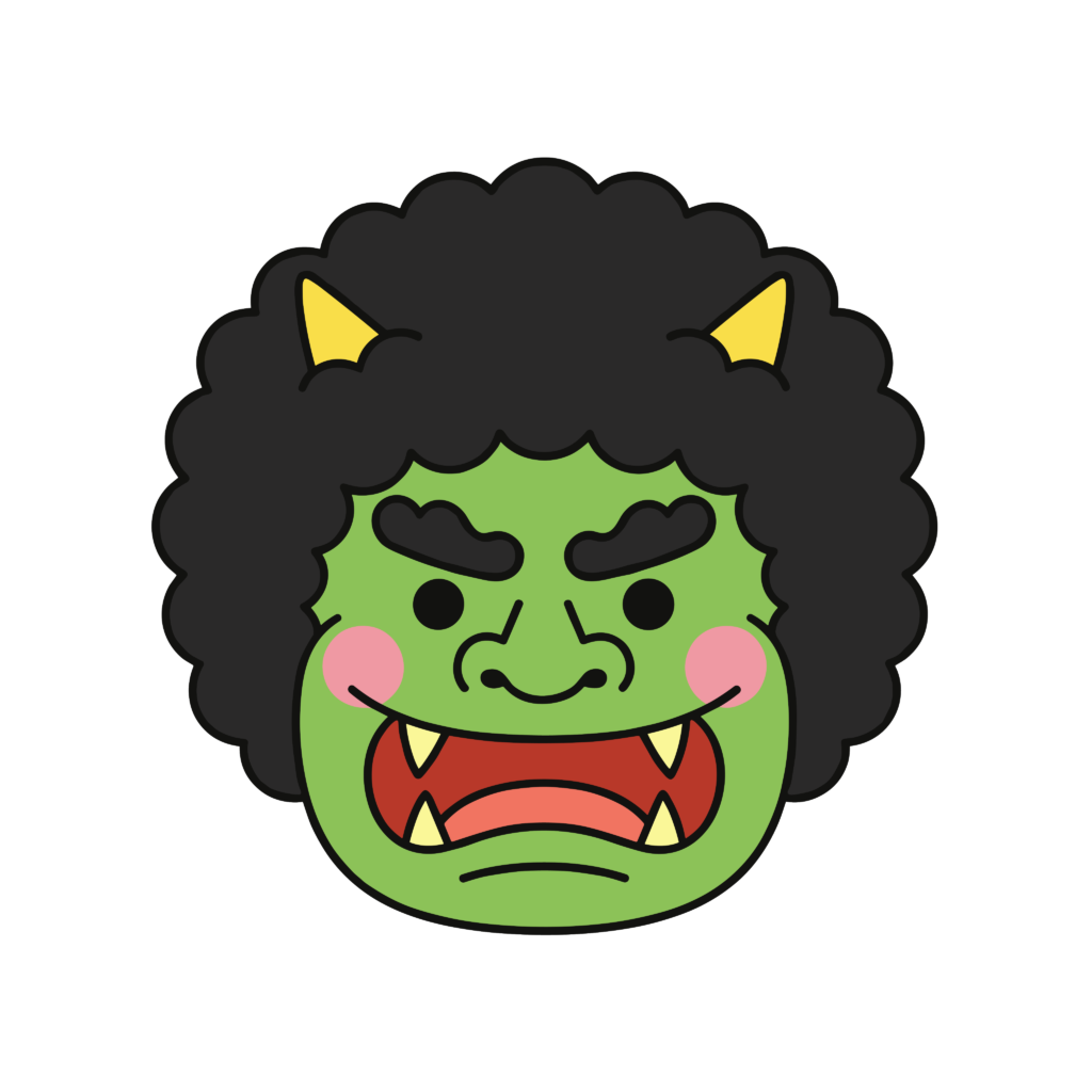 怒った表情の緑鬼の顔イラスト。節分に使いやすい背景透過PNGの無料素材