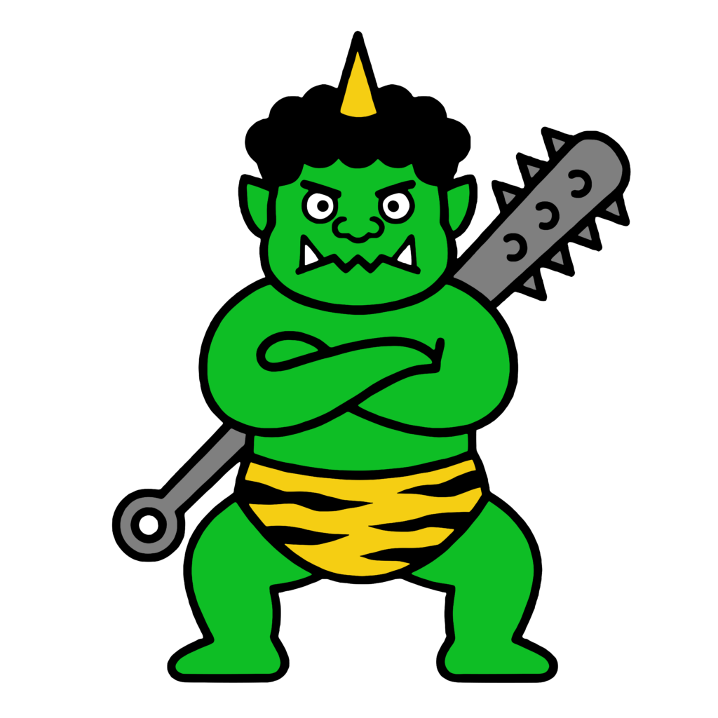 金棒を持った緑色の鬼のイラスト。節分行事に使いやすい、怖すぎないシンプルな鬼素材です。
