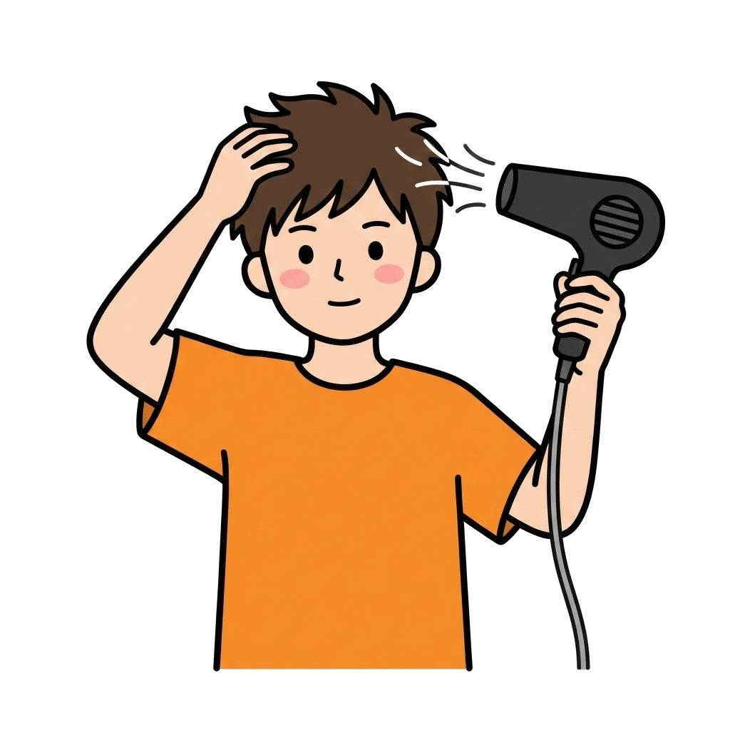 簡単・無料でダウンロードできる、かわいい男の子がヘアドライヤーを使うイラスト素材です。美容やヘアケア、洗面所の説明に使いやすい背景透過PNGです。