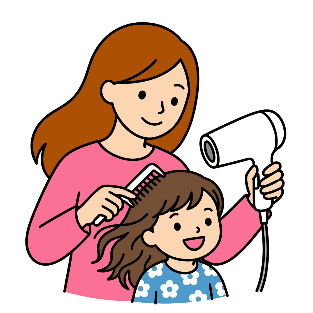 親子でヘアドライヤーを使うイラスト｜シンプルで無料のフリー素材