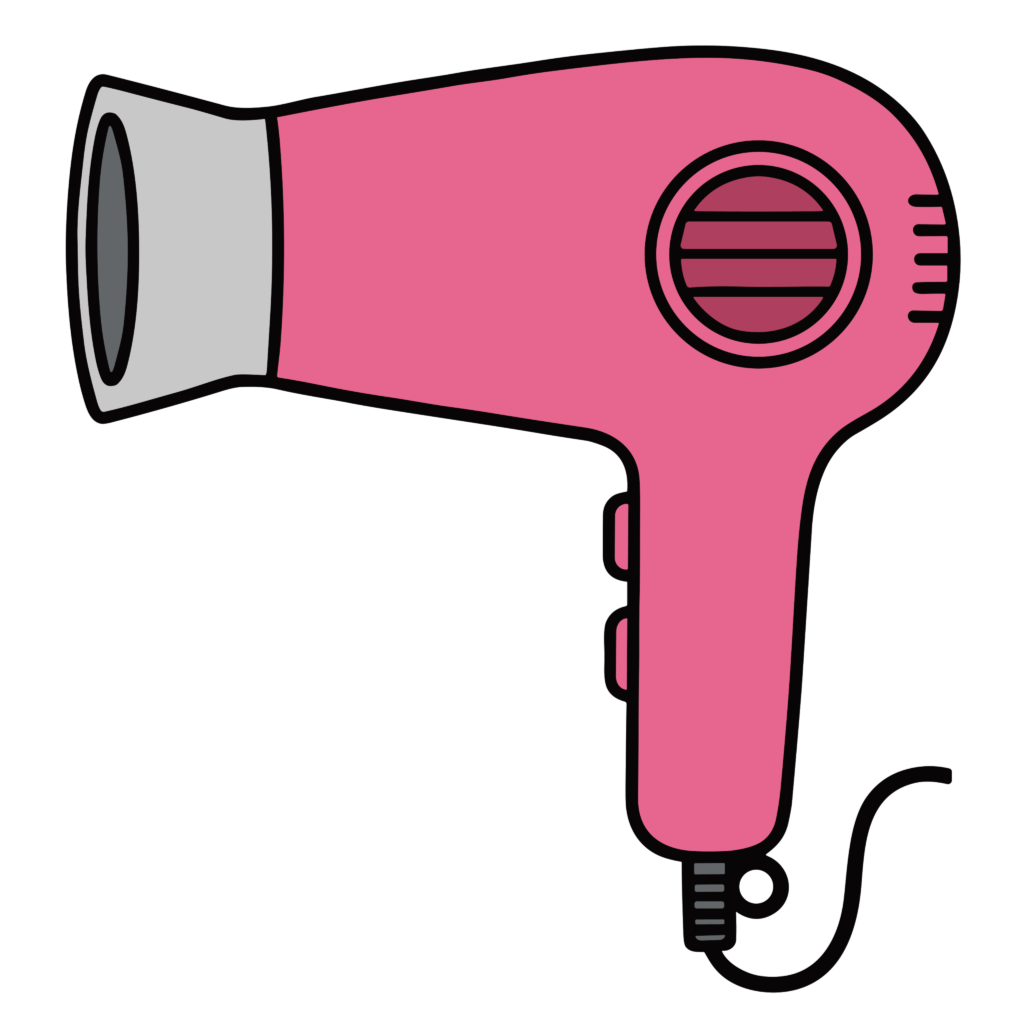 簡単・無料でダウンロードできる、かわいいピンクのヘアドライヤー素材です。美容や洗面所に使いやすく、アイコンにも使える背景透過イラストです。