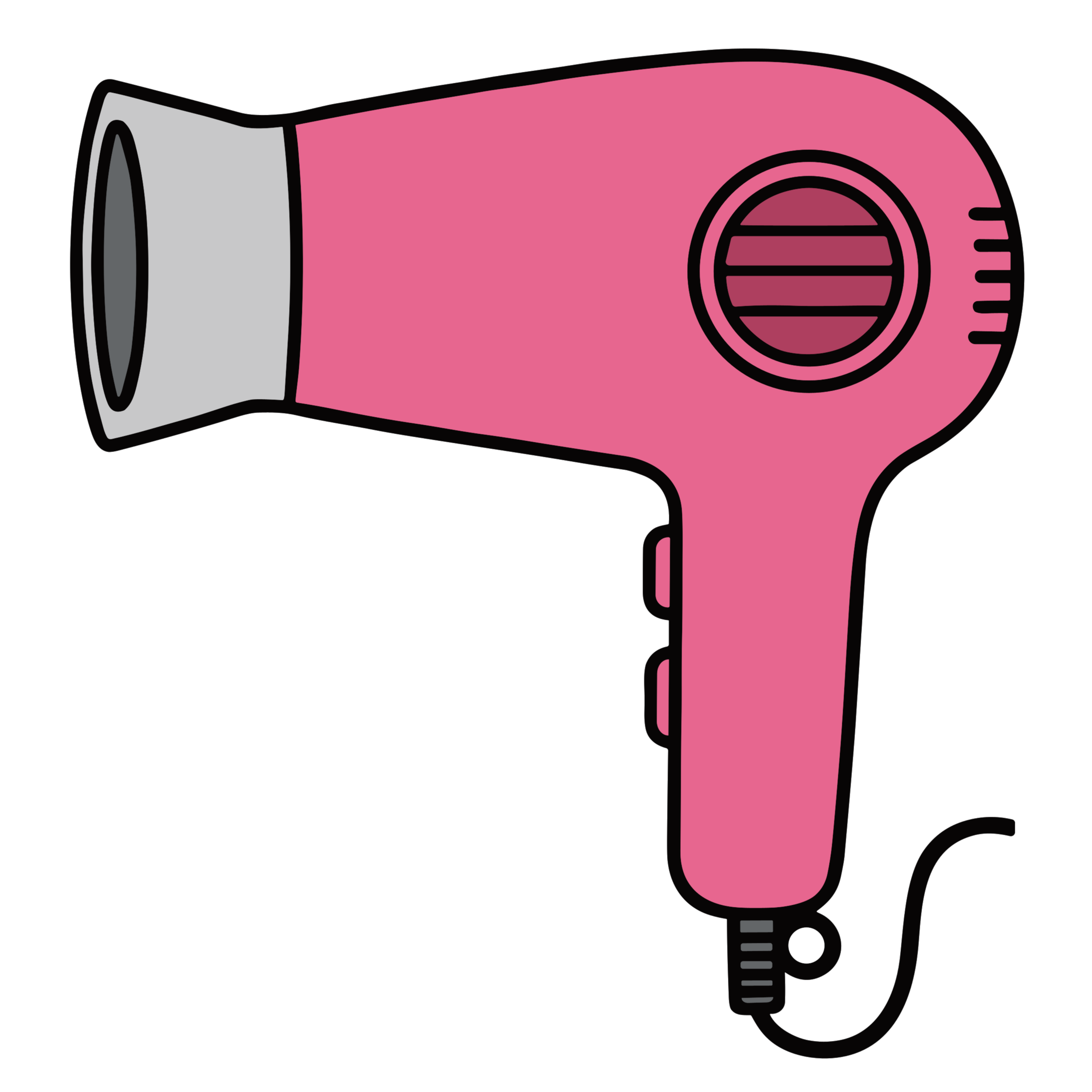 簡単・無料でダウンロードできる、かわいいピンクのヘアドライヤー素材です。美容や洗面所に使いやすく、アイコンにも使える背景透過イラストです。