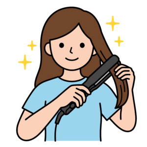 簡単・無料でダウンロードできる、かわいいヘアアイロンを使う女性のイラスト素材です。背景透過PNG。