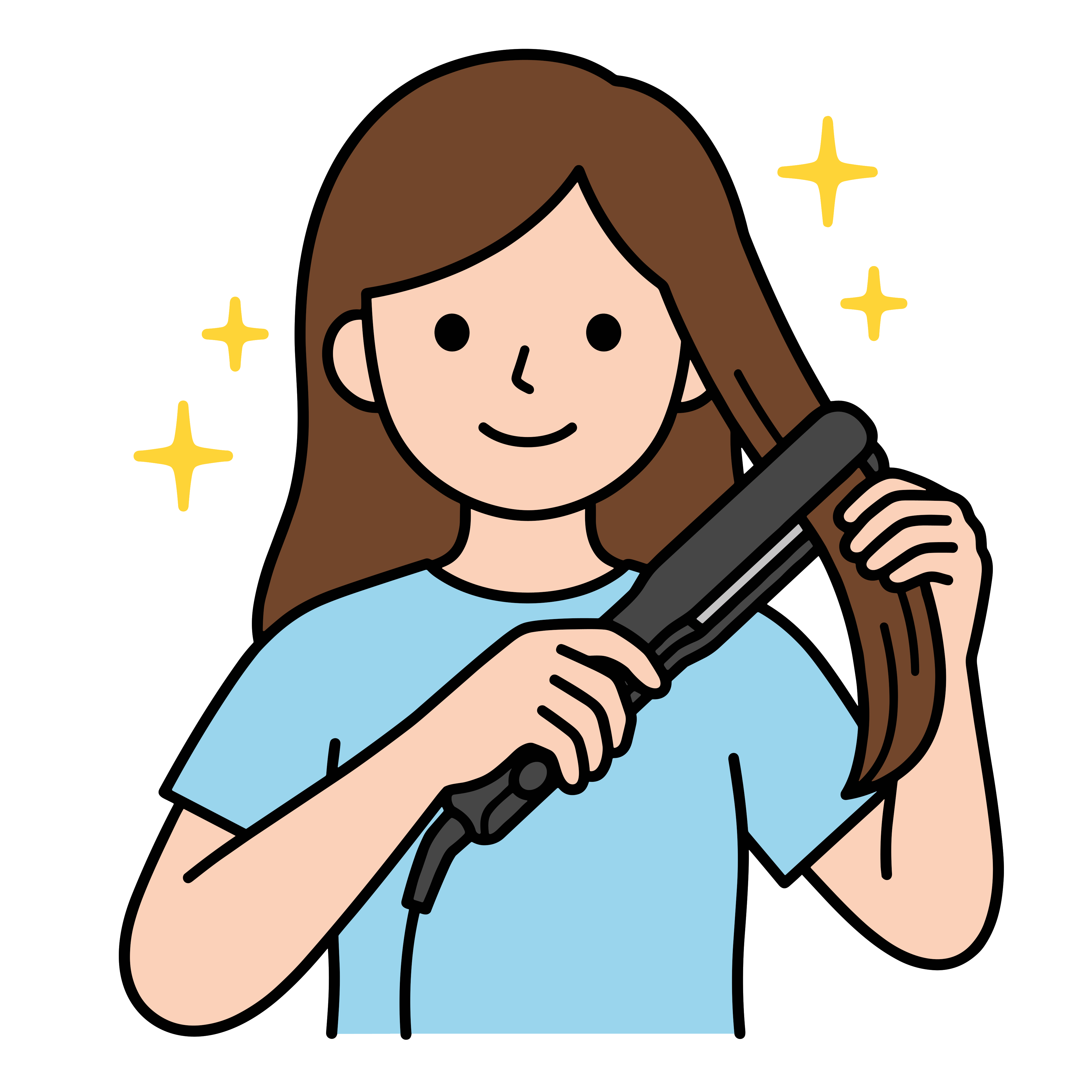 簡単・無料でダウンロードできる、かわいいヘアアイロンを使う女性のイラスト素材です。背景透過PNG。