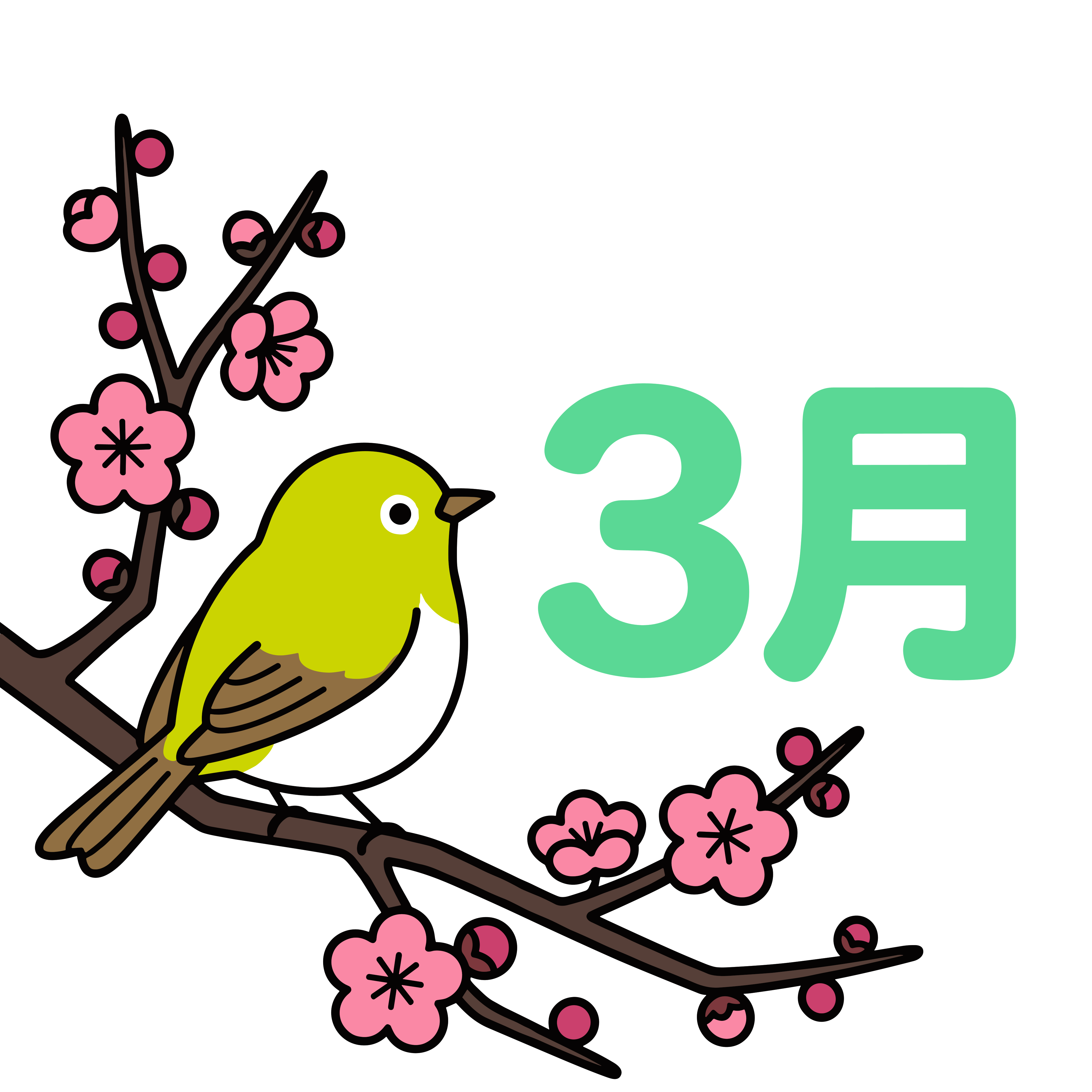 梅の花の枝にとまるウグイスで3月の春を表現した、かわいいイラスト素材