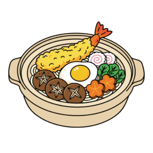 かわいい鍋焼きうどんのイラスト素材。簡単・無料でダウンロードできる、アイコンとしても使えるフリー素材です。