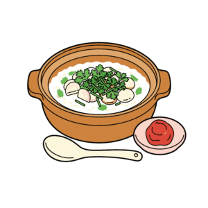 かわいい七草粥と梅干しのイラスト素材。簡単・無料でダウンロードできるアイコンタイプのフリー素材です。