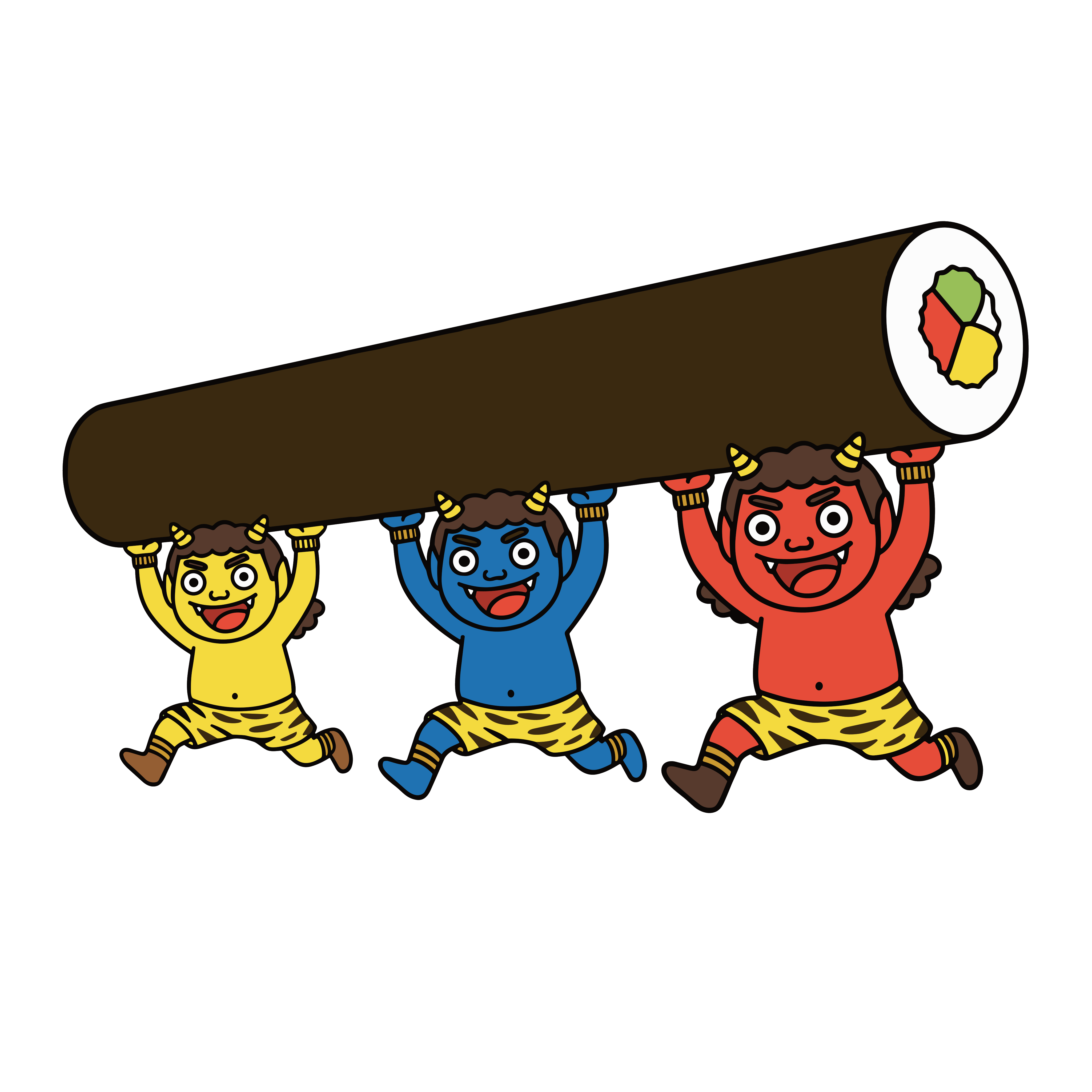 大きな恵方巻を担いで走る鬼たちのイラスト。節分に使いやすい背景透過の無料フリー素材です。