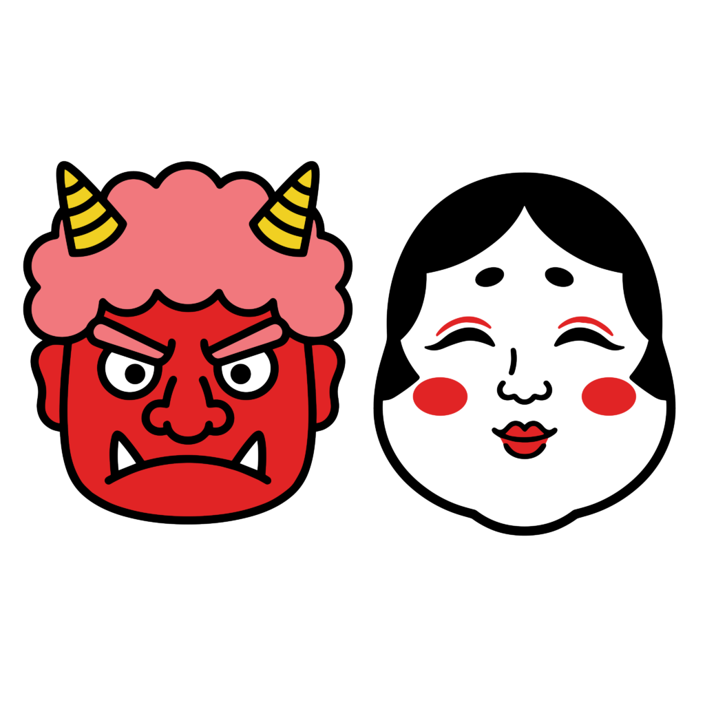 節分の鬼とお多福の顔イラスト素材。赤鬼と笑顔のお多福をシンプルに描いた、行事向けのフリーイラストです。