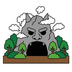 鬼ヶ島をイメージした鬼の山と洞窟のかわいいイラスト。簡単に使える無料のフリー素材です。