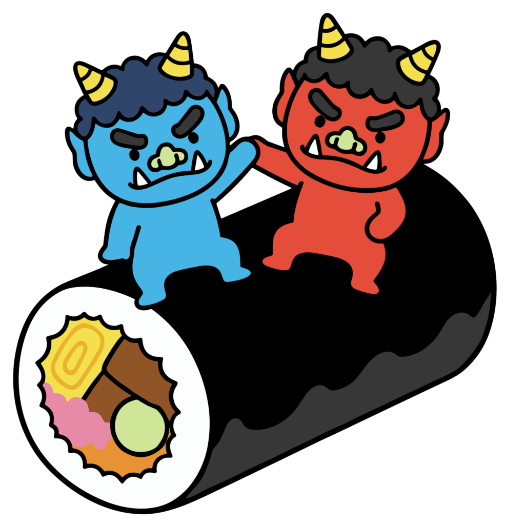 恵方巻きの上で赤鬼と青鬼が並んで怒った表情をしているイラスト。節分に使いやすいフリー素材