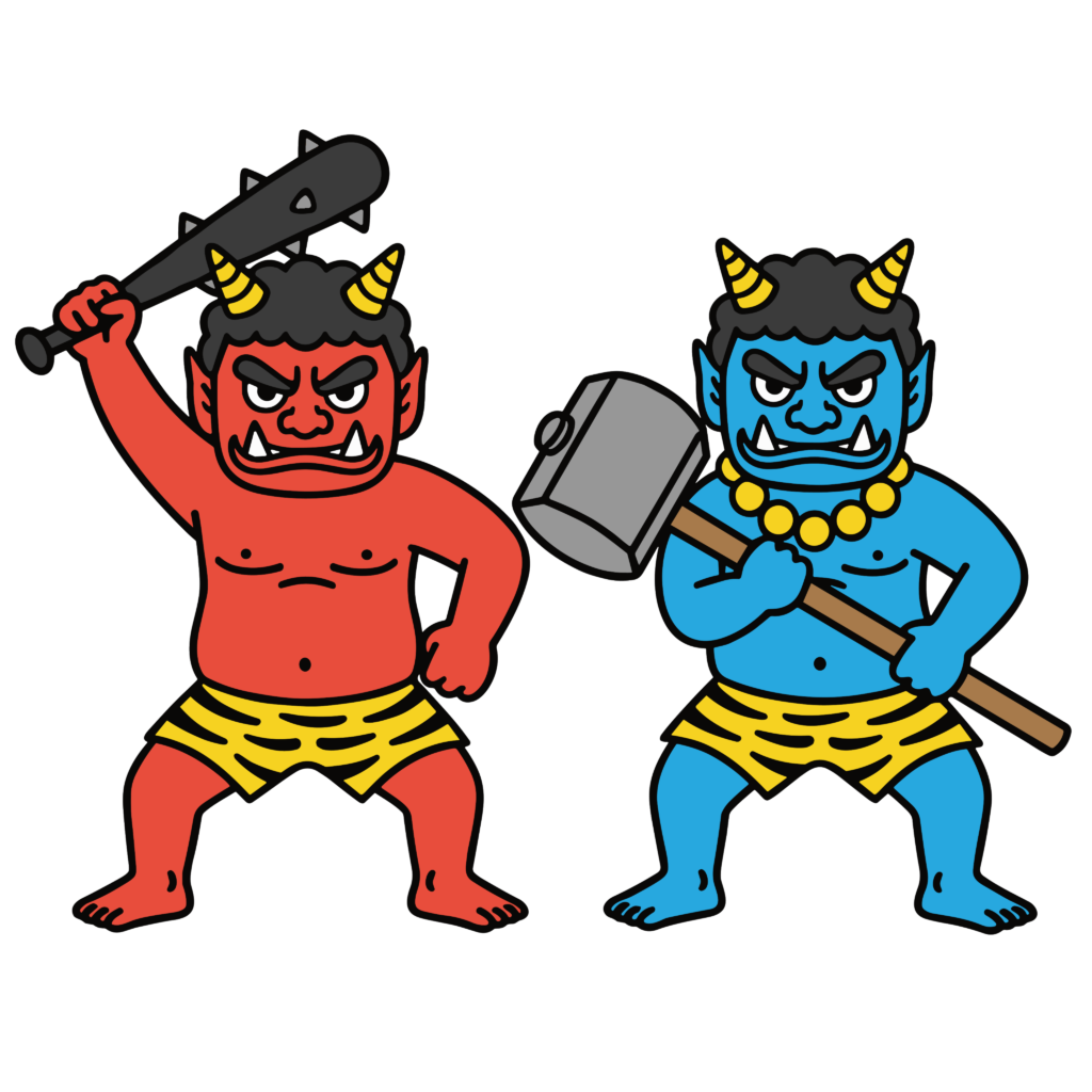 武器を持って構える赤鬼と青鬼のイラスト。節分の鬼退治に使いやすい素材