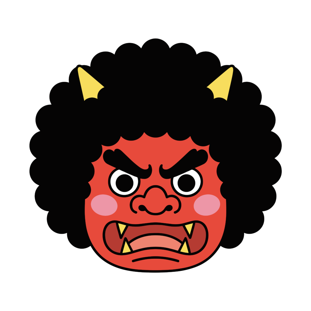 怒った表情の赤鬼の顔イラスト。節分に使いやすい背景透過PNGの無料素材