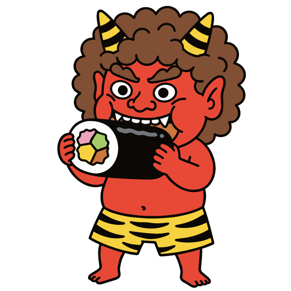 恵方巻きを食べている赤鬼のかわいいイラスト。節分に使いやすい背景透過のフリー素材
