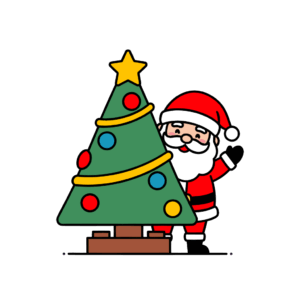 かわいいサンタクロースとクリスマスツリーのイラスト素材。簡単・無料でダウンロードできるアイコンタイプのフリー素材です。