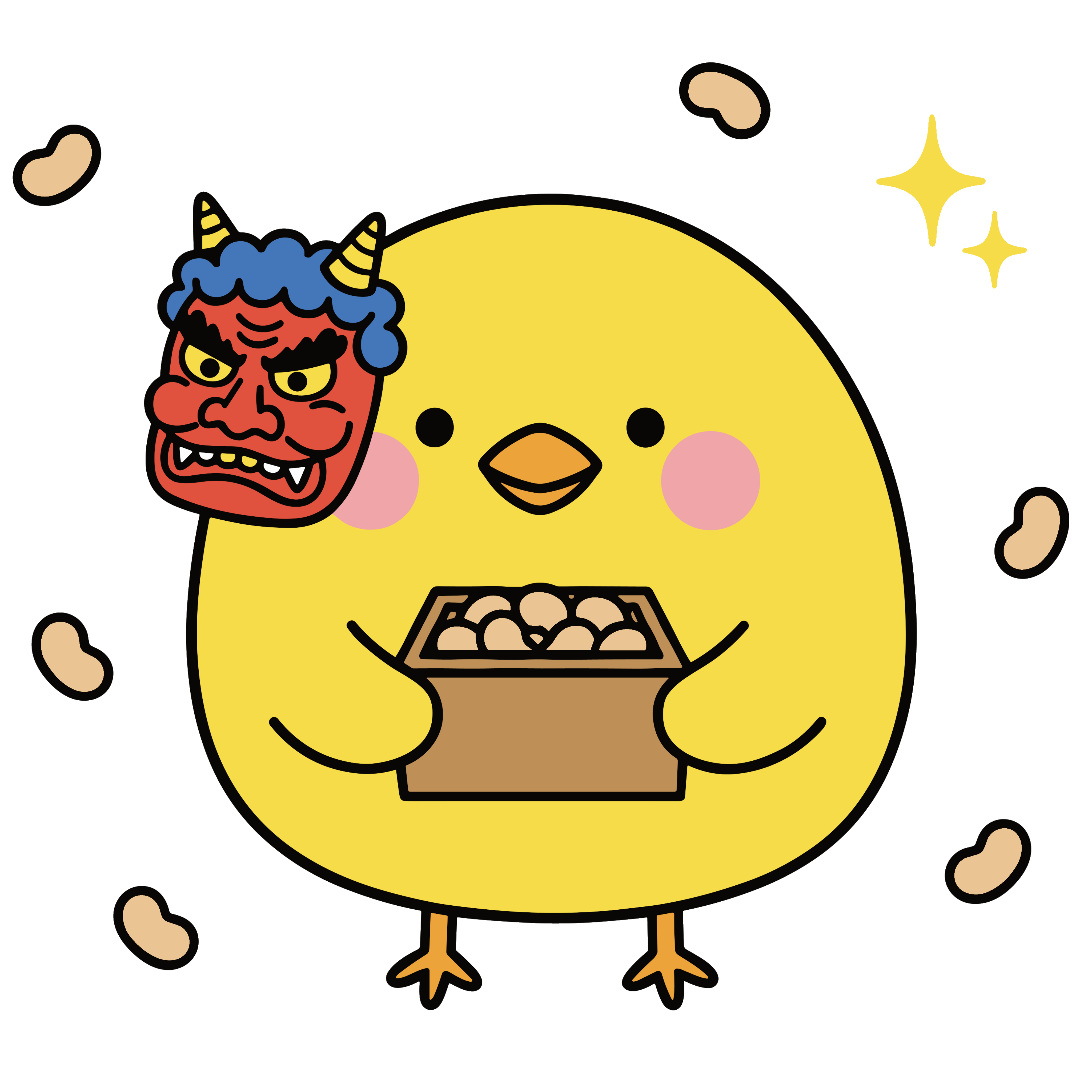 豆まきをするかわいいひよこのイラスト。鬼のお面と福豆で節分を表現した背景透過PNG素材