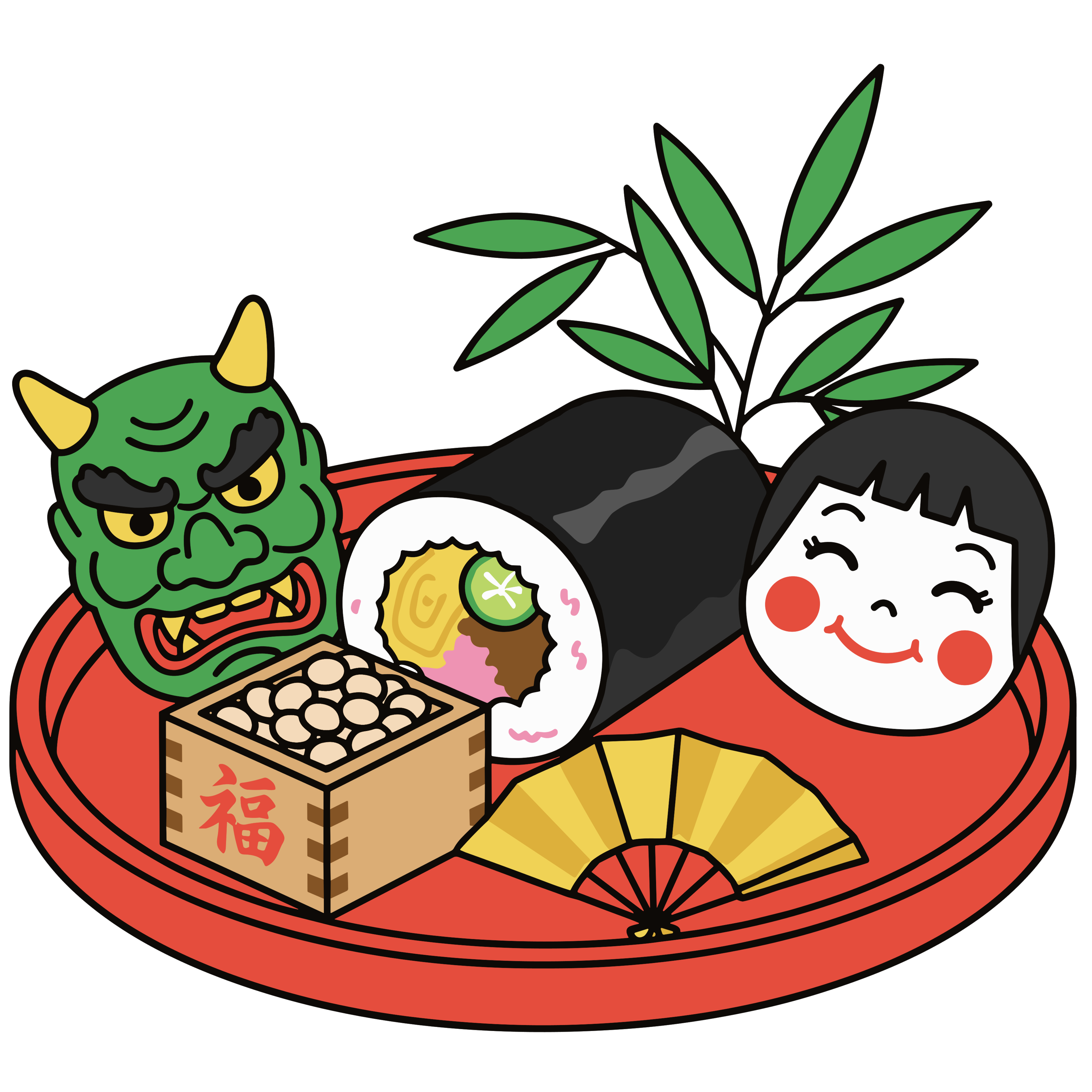 恵方巻とおかめ、鬼のお面、豆まきの升など節分の縁起物をまとめたかわいいイラスト。背景透過の無料フリー素材です。