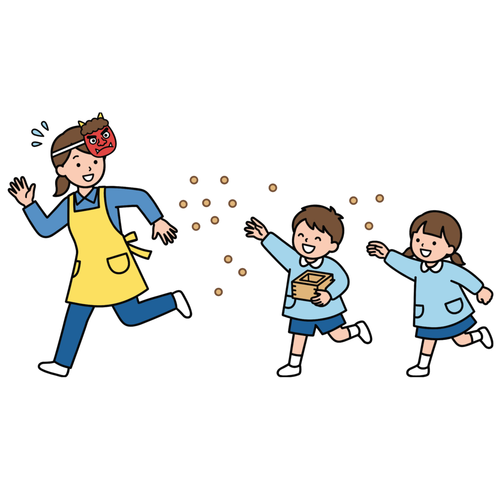 節分の豆まきをする保育士と子どもたちのイラスト。鬼のお面と豆が飛ぶ楽しいフリー素材