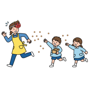 節分の豆まきをする保育士と子どもたちのイラスト。鬼のお面と豆が飛ぶ楽しいフリー素材