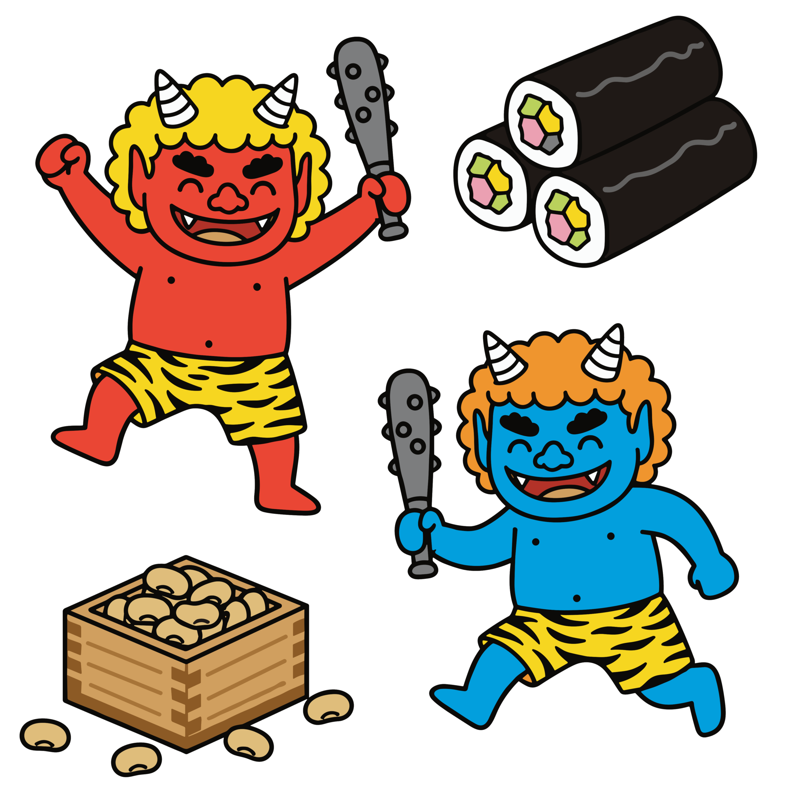 赤鬼と青鬼・恵方巻き・福豆の節分イラストセット｜使いやすい無料