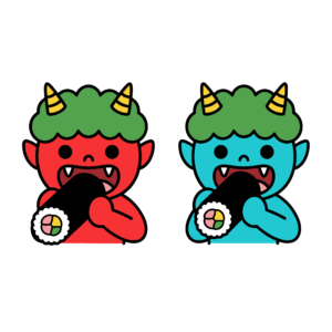 節分の恵方巻きを食べる赤鬼と青鬼のイラスト。かわいく親しみやすい行事向けフリー素材です。