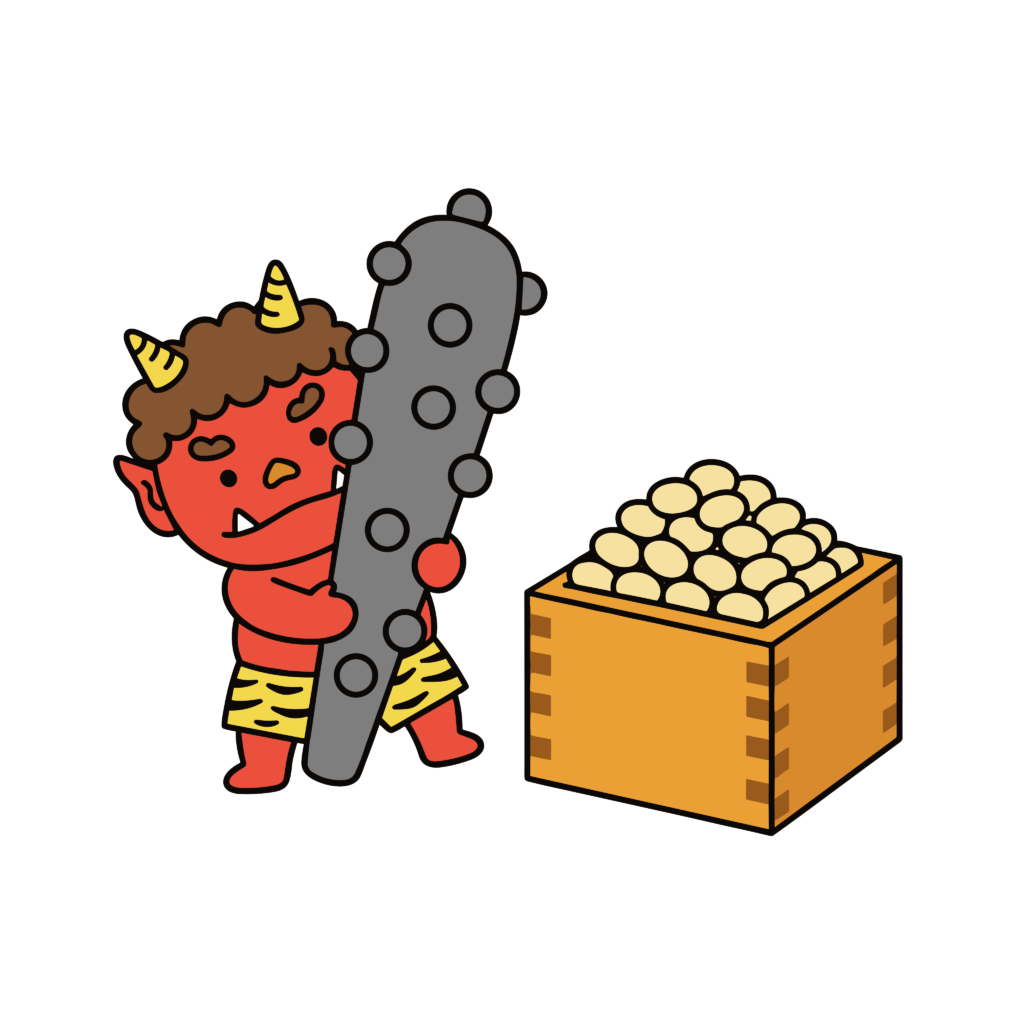 節分の豆まきシーンを表した赤鬼のイラスト。金棒と豆箱を組み合わせた行事向けフリー素材です。