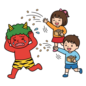 節分で豆まきをする子どもと鬼のイラスト素材。簡単・無料でダウンロードできる行事向けフリー素材です。