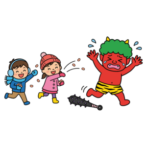 節分で豆まきをして鬼を追い払う子どもたちのイラスト