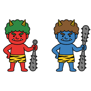 節分の赤鬼と青鬼のかわいいイラスト。金棒を持ったシンプルなフリー素材