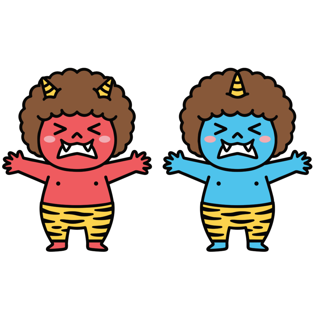 両手を広げた赤鬼と青鬼のかわいいイラスト。節分に使いやすい背景透過PNGの無料素材