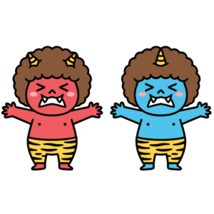 両手を広げた赤鬼と青鬼のかわいいイラスト。節分に使いやすい背景透過PNGの無料素材